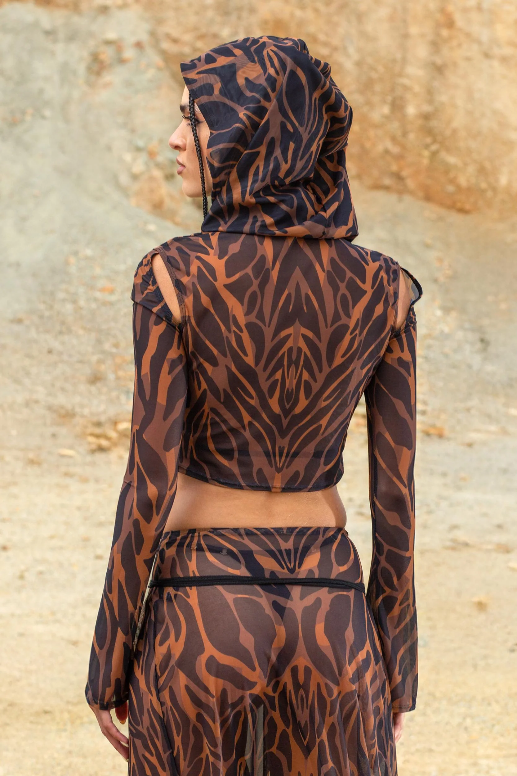 Animalistic Mesh Hooded Top and Slit Skirt Set - Image 4