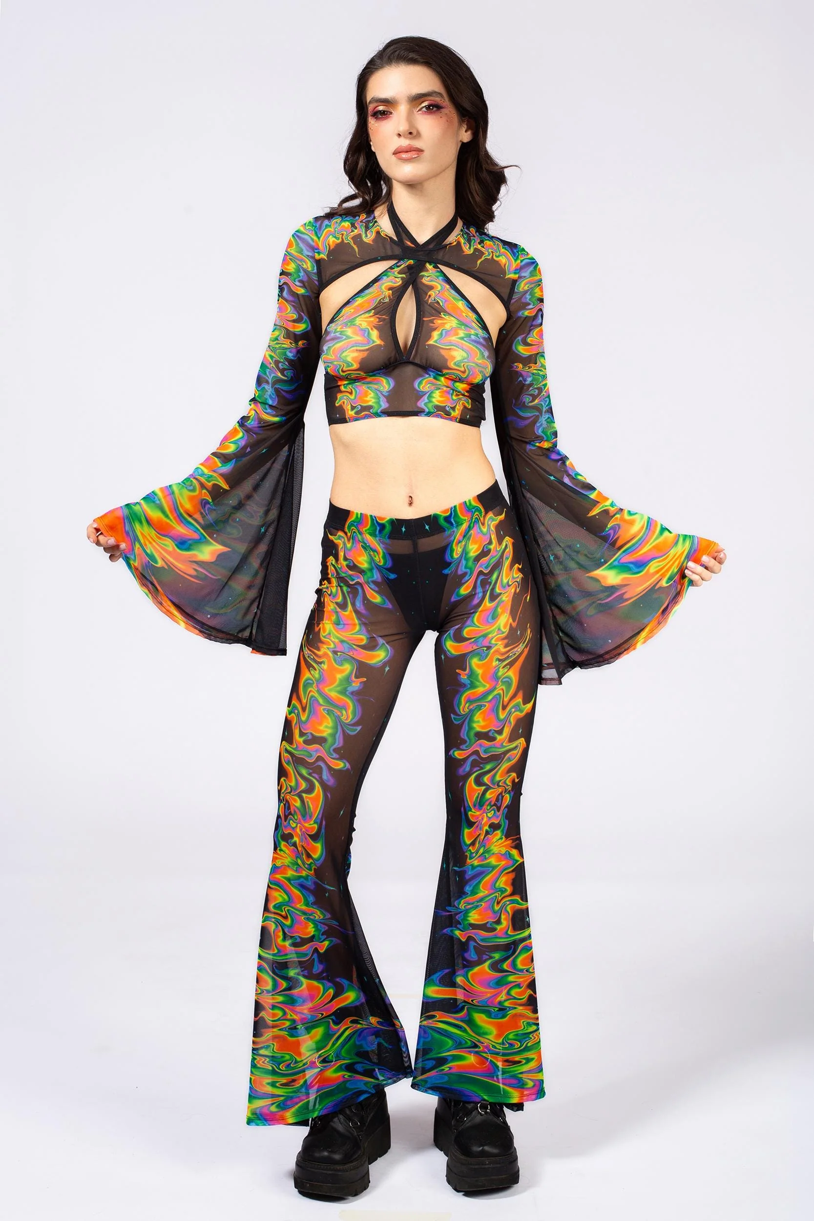 Aura Flow Mesh Bell Bottoms Pants - Image 7