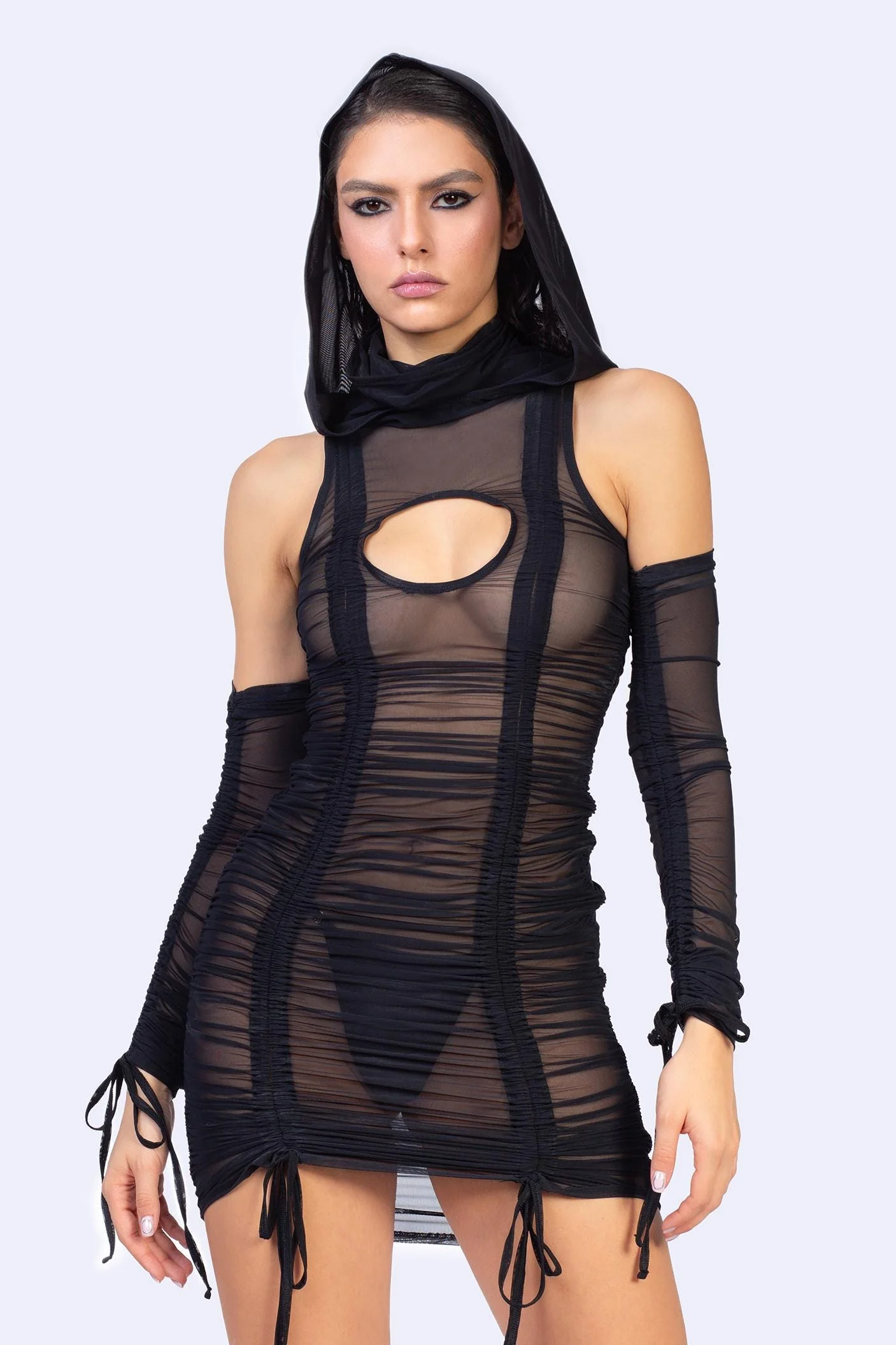 Horizon Black Hooded Ruched Dress - Image 6