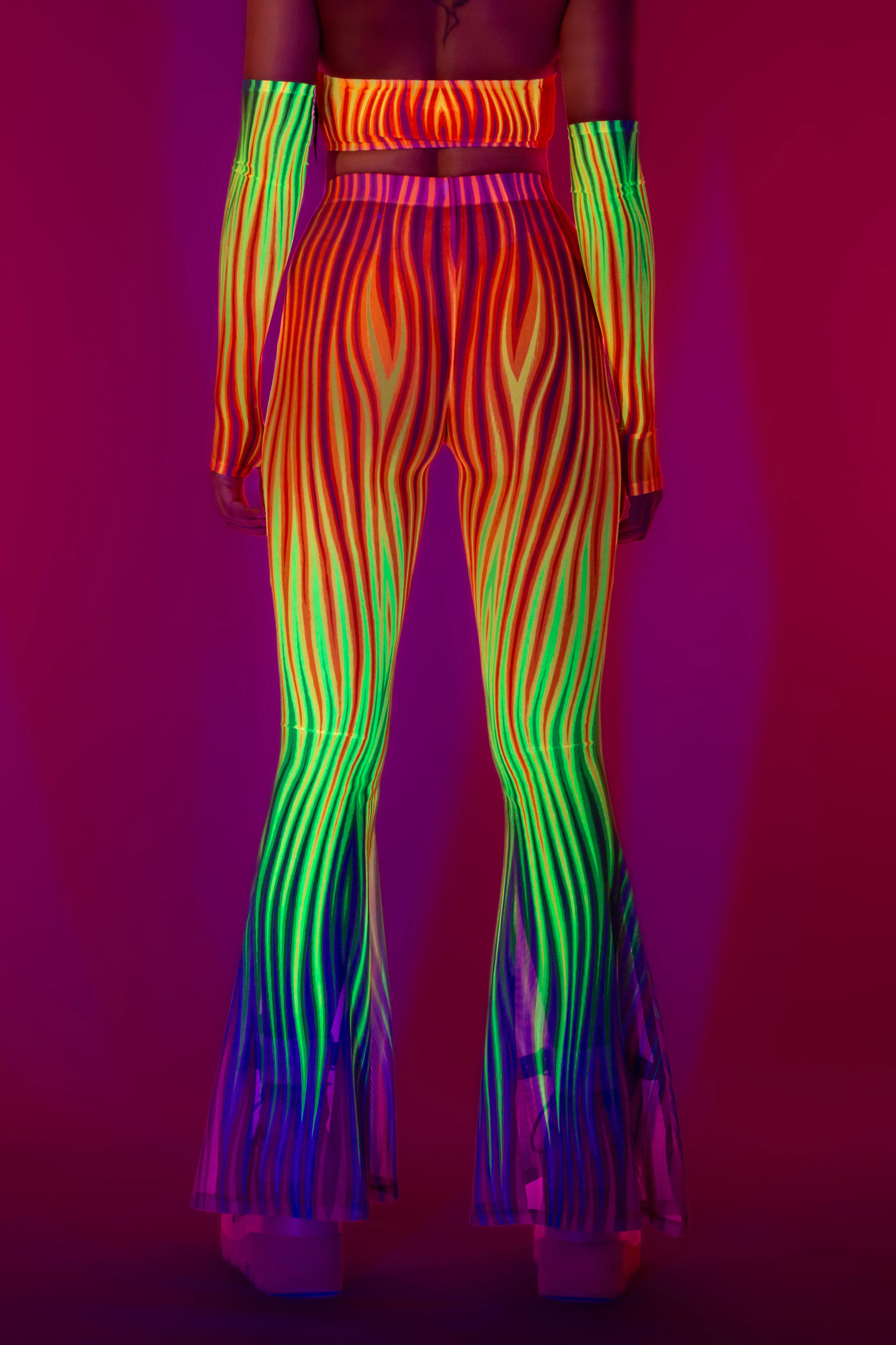 Neon Rainbow Flame Bell Bottom Mesh Pants - Image 10