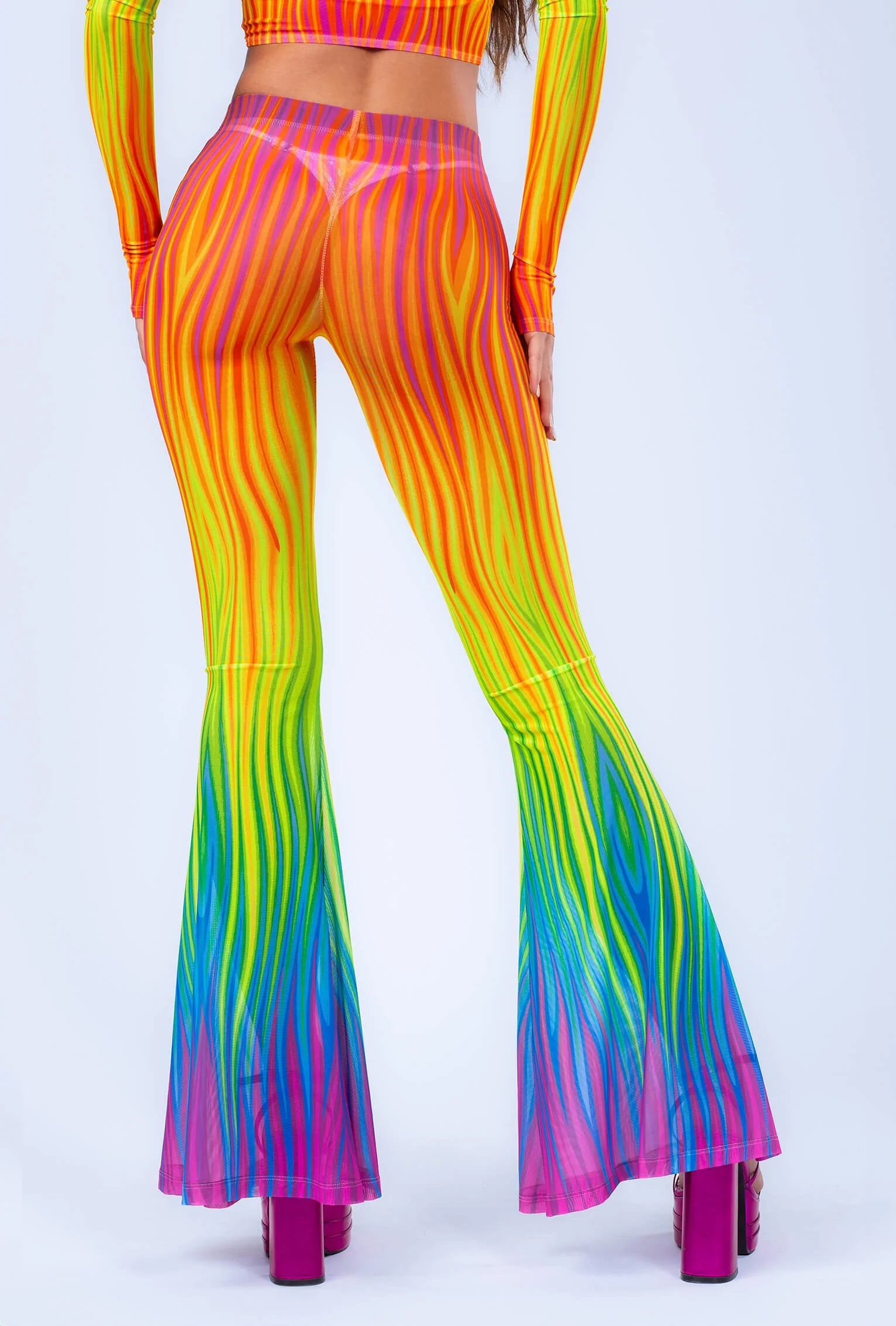 Neon Rainbow Flame Bell Bottom Mesh Pants - Image 2