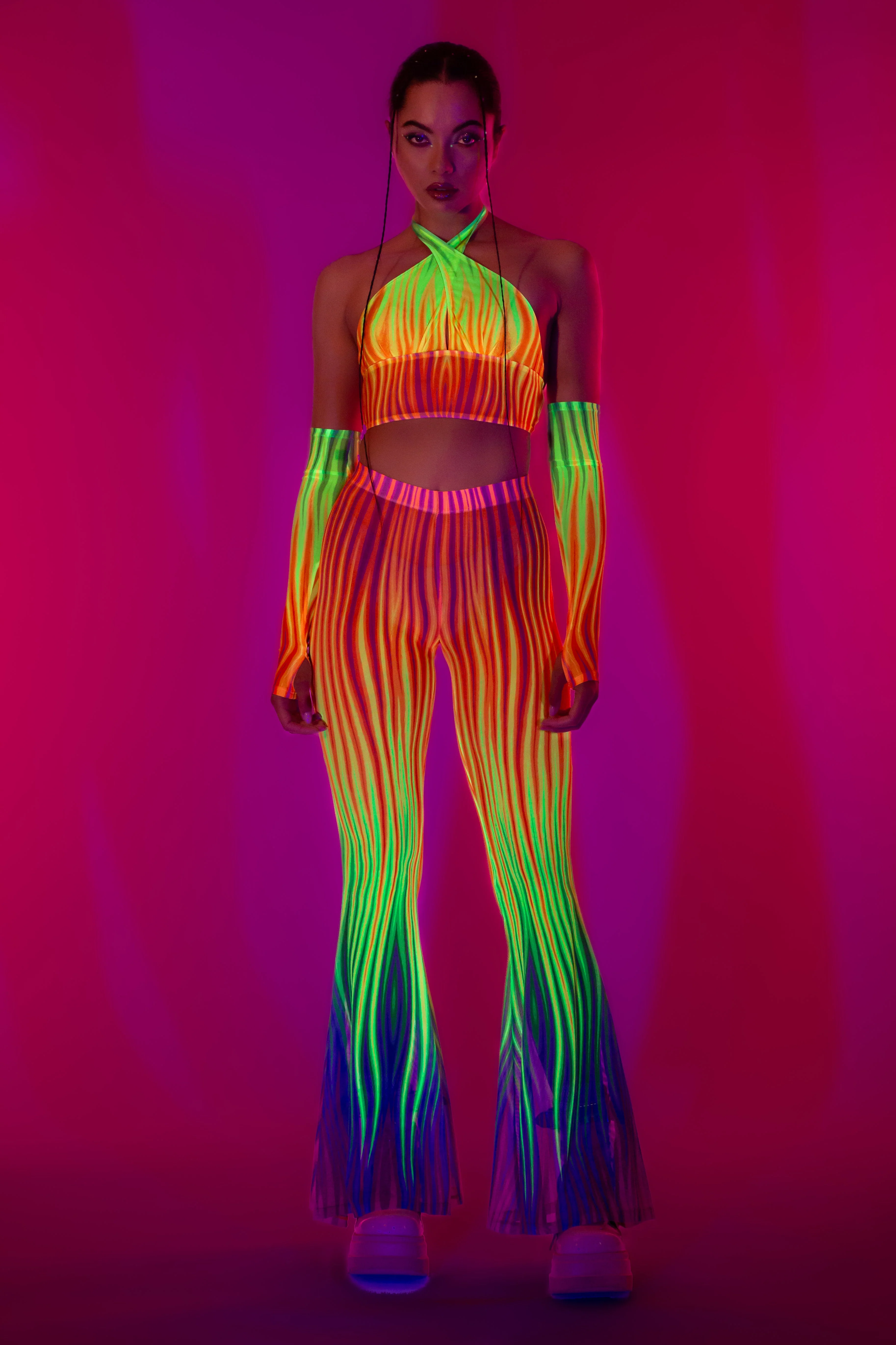 Neon Rainbow Flame Bell Bottom Mesh Pants - Image 6