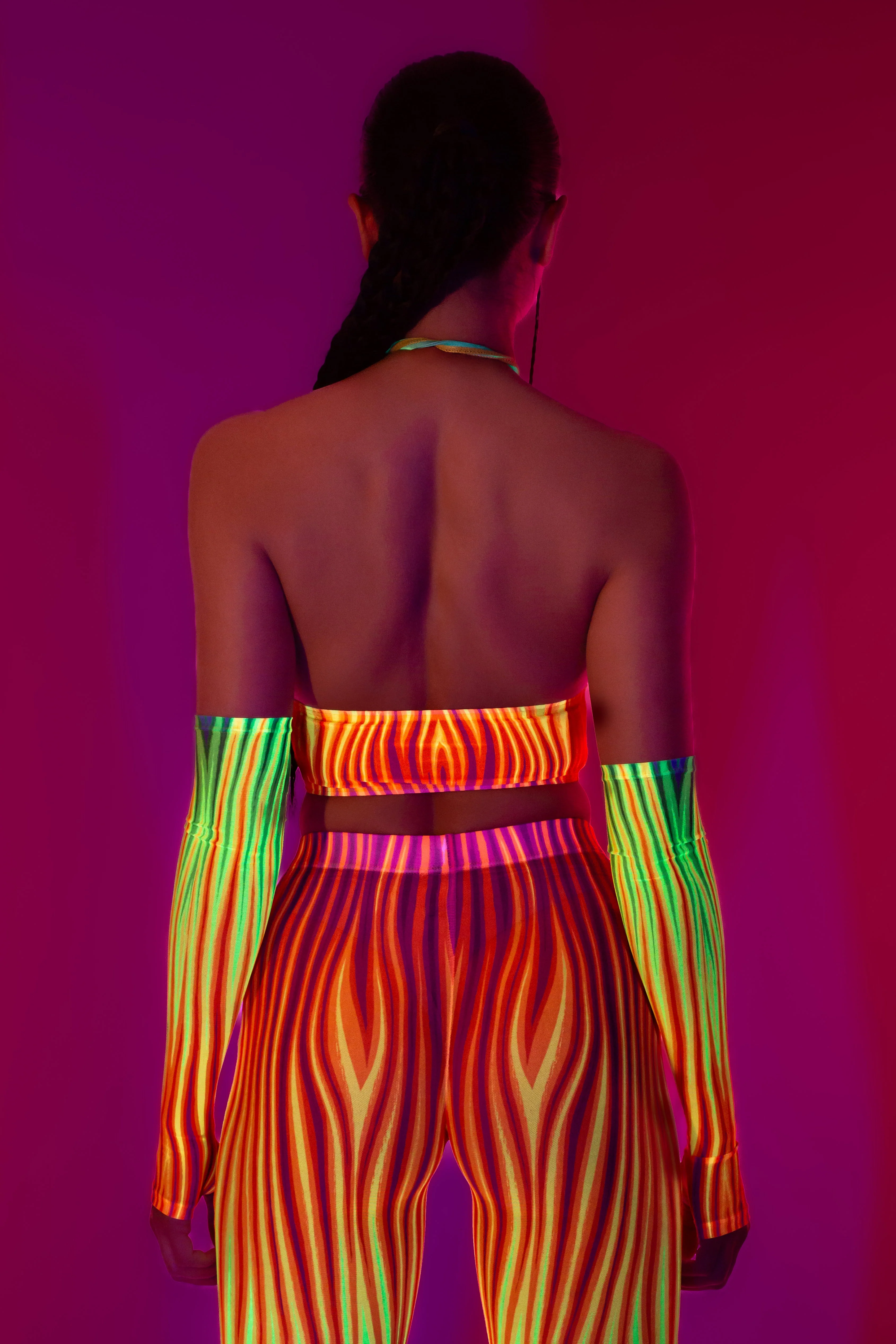 Neon Rainbow Flame Bell Bottom Mesh Pants - Image 8