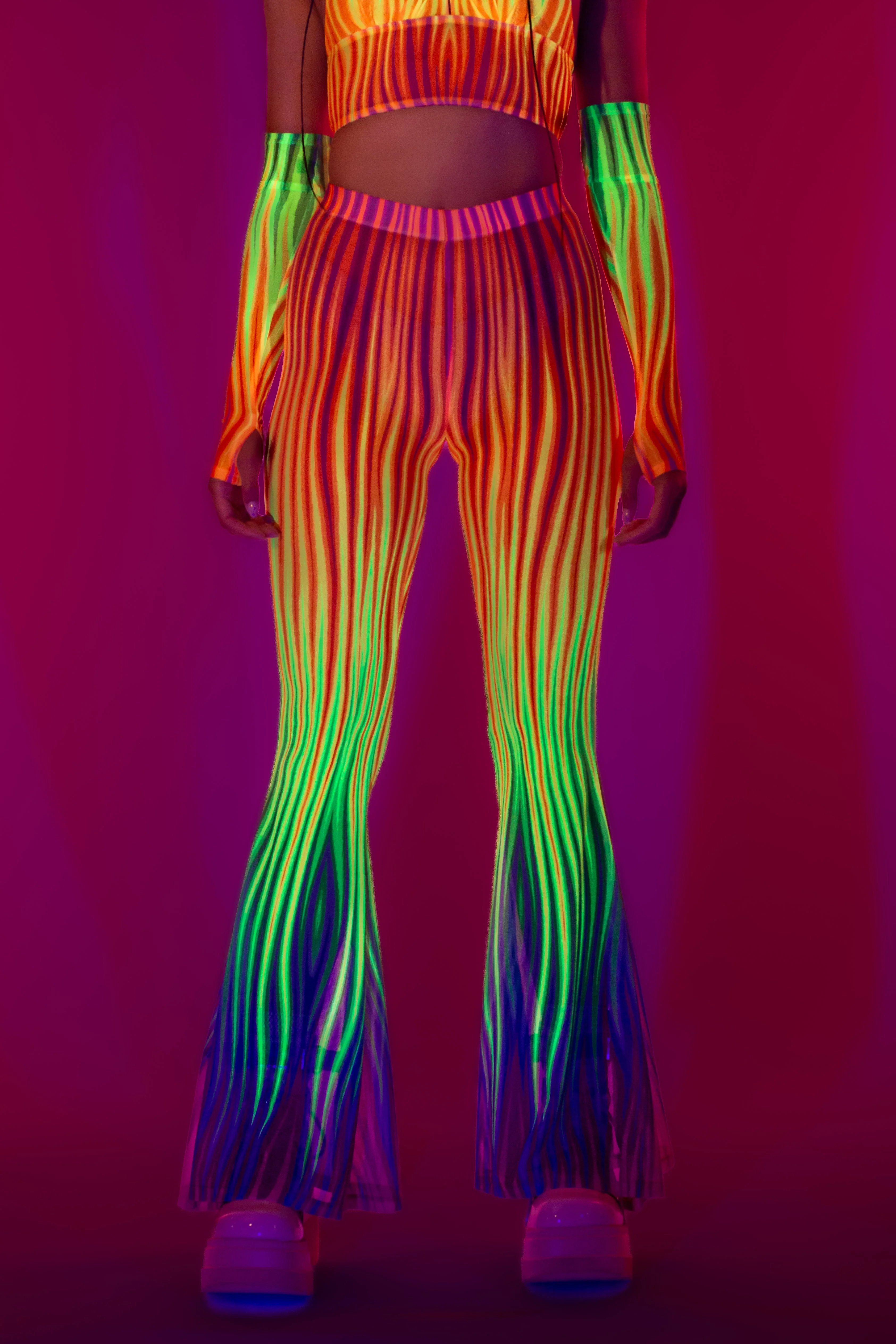 Neon Rainbow Flame Bell Bottom Mesh Pants - Image 9
