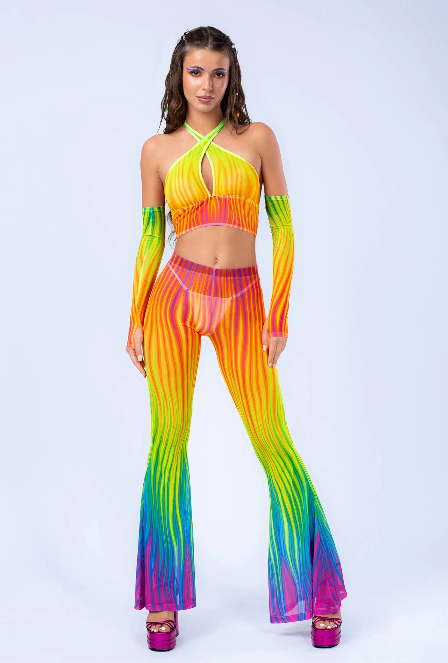 Neon Rainbow Flame Criss Cross Mesh Top - Image 3