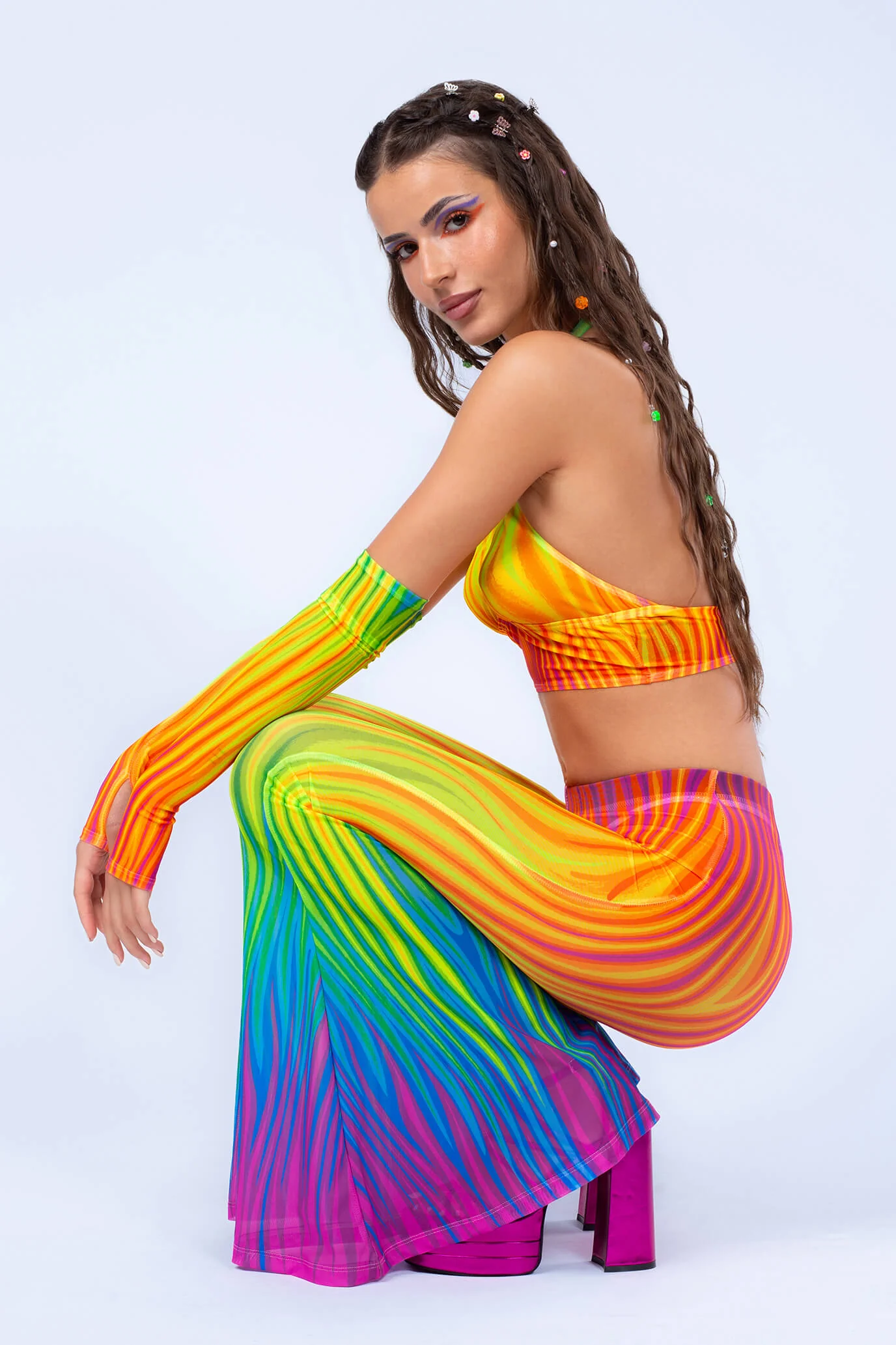 Neon Rainbow Flame Criss Cross Mesh Top - Image 6