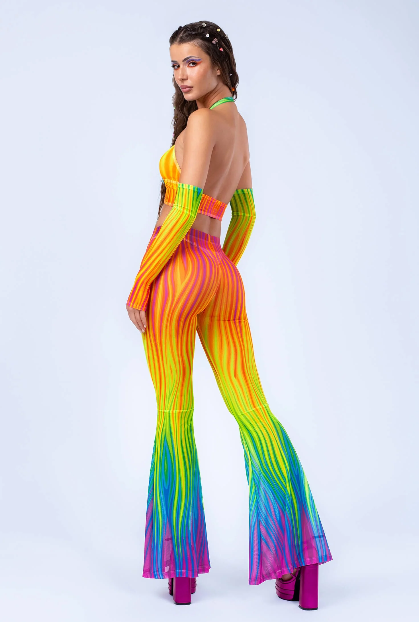 Neon Rainbow Flame Halter Top and Bell Bottom Set - Image 2