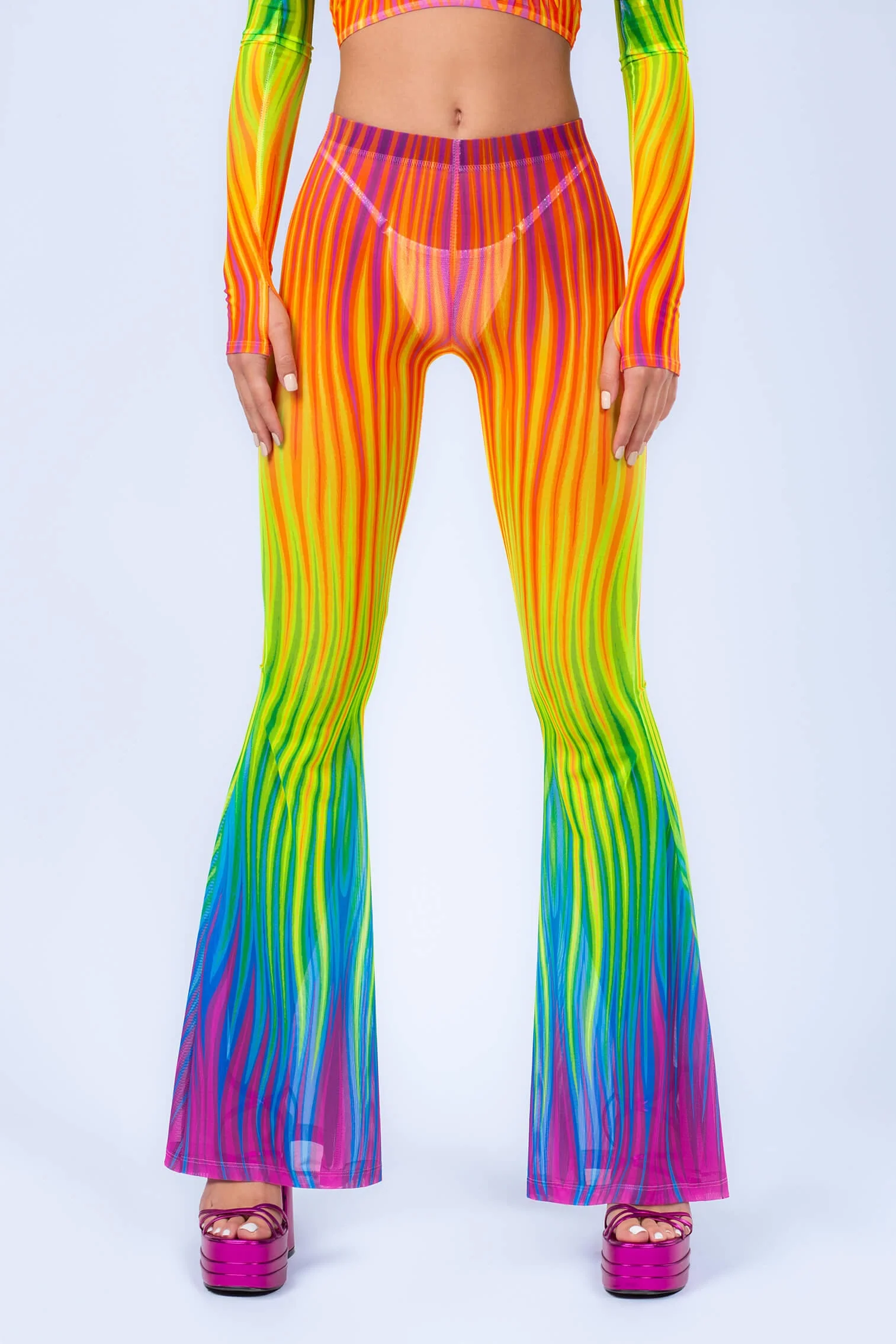 Neon Rainbow Flame Halter Top and Bell Bottom Set - Image 3