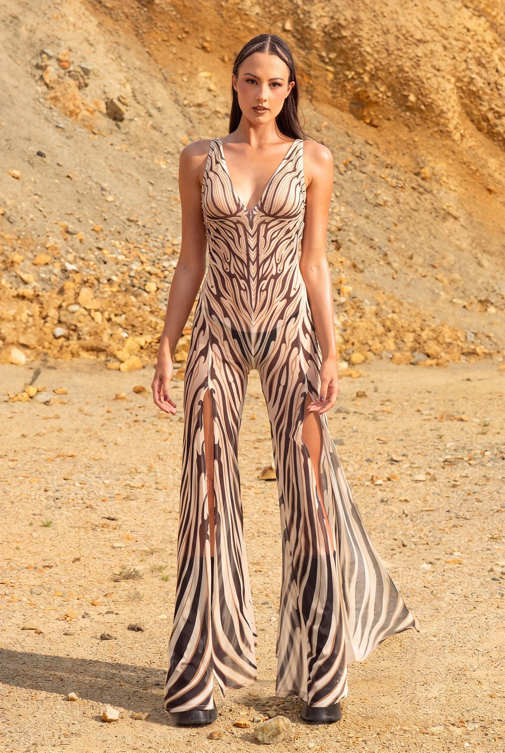 Pale Drift Plunging Slit Romper